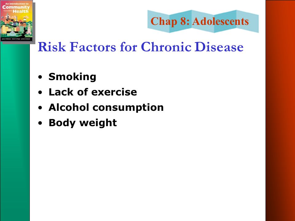 Chap 8: Adolescents Risk Factors for Chronic Disease Smoking Lack of exercise Alcohol consumption Body weight