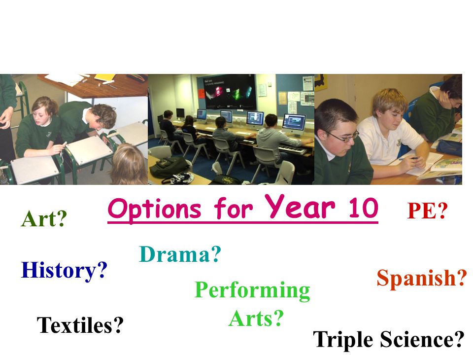Options for Year 10 History Spanish Drama Performing Arts PE Triple Science Art Textiles