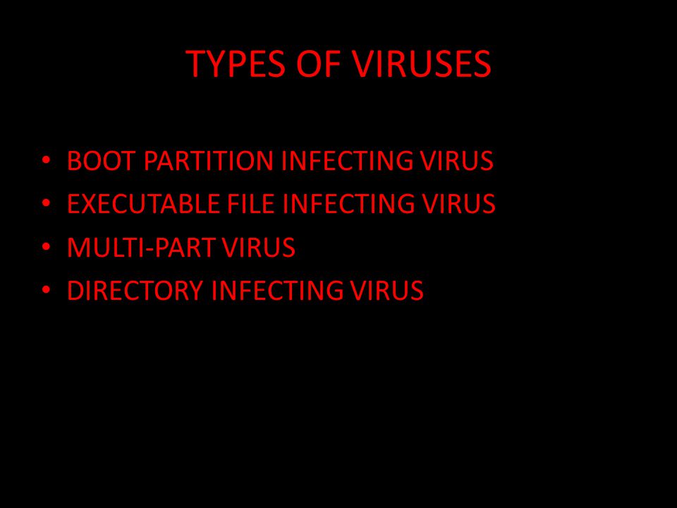 TYPES OF VIRUSES BOOT PARTITION INFECTING VIRUS EXECUTABLE FILE INFECTING VIRUS MULTI-PART VIRUS DIRECTORY INFECTING VIRUS