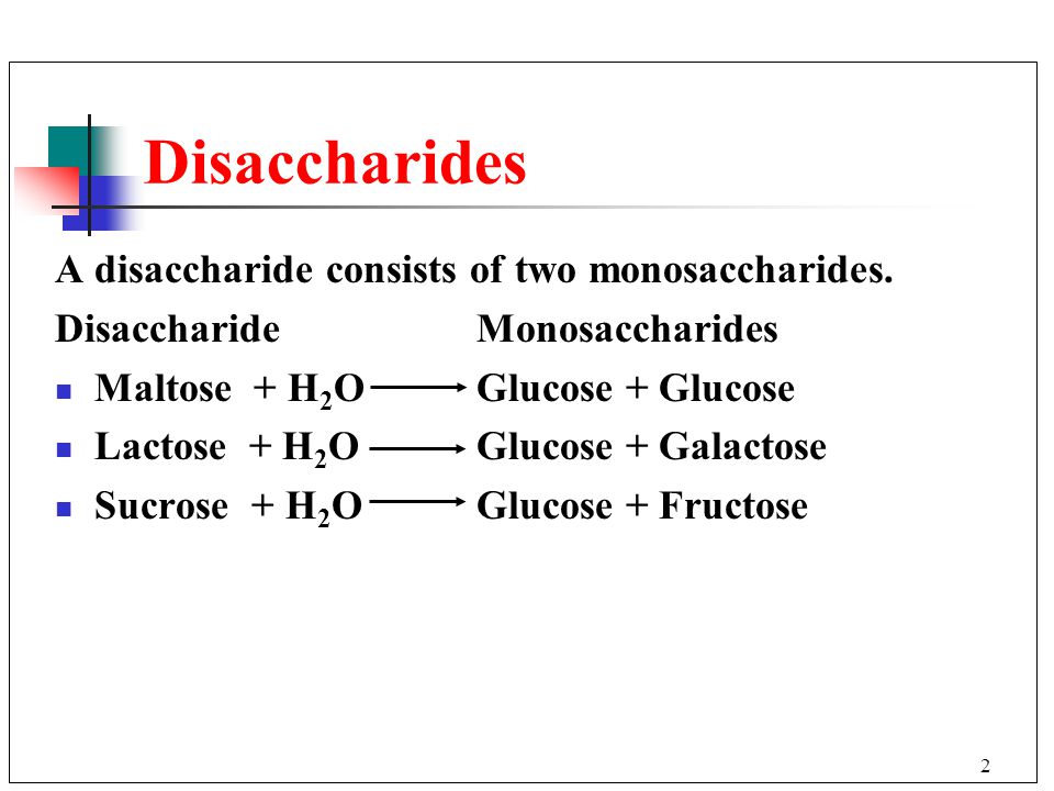 2 Disaccharides A disaccharide consists of two monosaccharides.