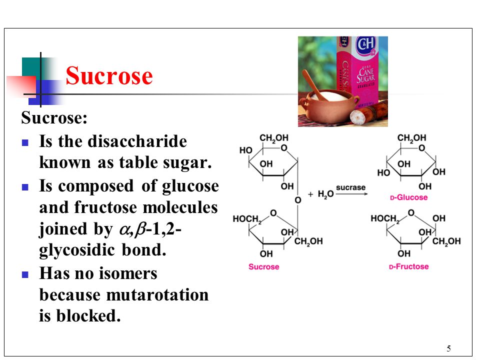 5 Sucrose Sucrose: Is the disaccharide known as table sugar.