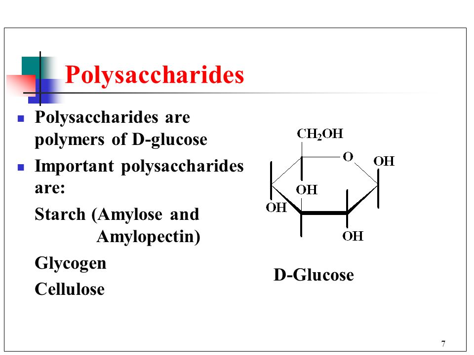 7 Polysaccharides Polysaccharides are polymers of D-glucose Important polysaccharides are: Starch (Amylose and Amylopectin) Glycogen Cellulose D-Glucose