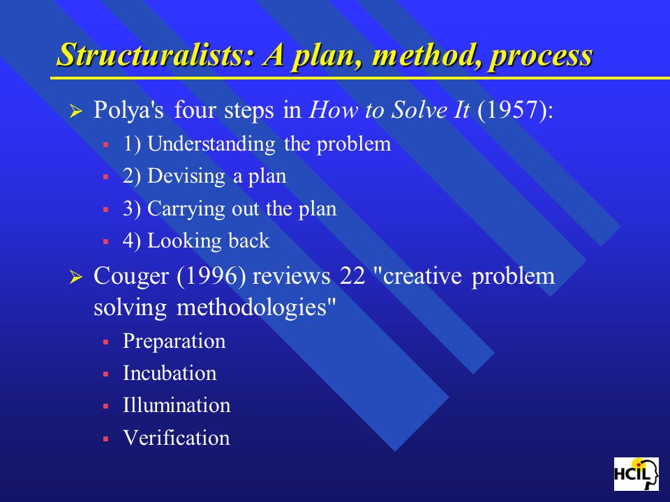 Structuralists: A plan, method, process   Polya s four steps in How to Solve It (1957):   1) Understanding the problem   2) Devising a plan   3) Carrying out the plan   4) Looking back   Couger (1996) reviews 22 creative problem solving methodologies   Preparation   Incubation   Illumination   Verification