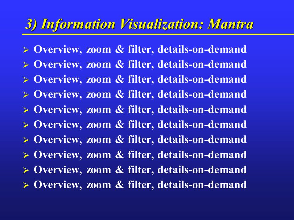3) Information Visualization: Mantra   Overview, zoom & filter, details-on-demand