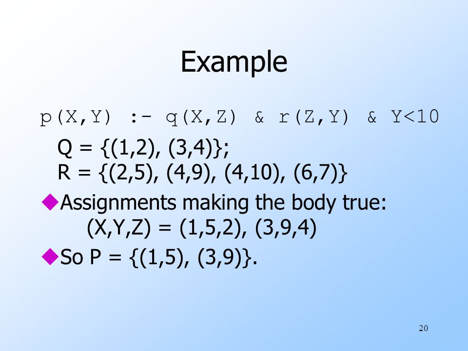 20 Example p(X,Y) :- q(X,Z) & r(Z,Y) & Y<10 Q = {(1,2), (3,4)}; R = {(2,5), (4,9), (4,10), (6,7)} uAssignments making the body true: (X,Y,Z) = (1,5,2), (3,9,4) uSo P = {(1,5), (3,9)}.
