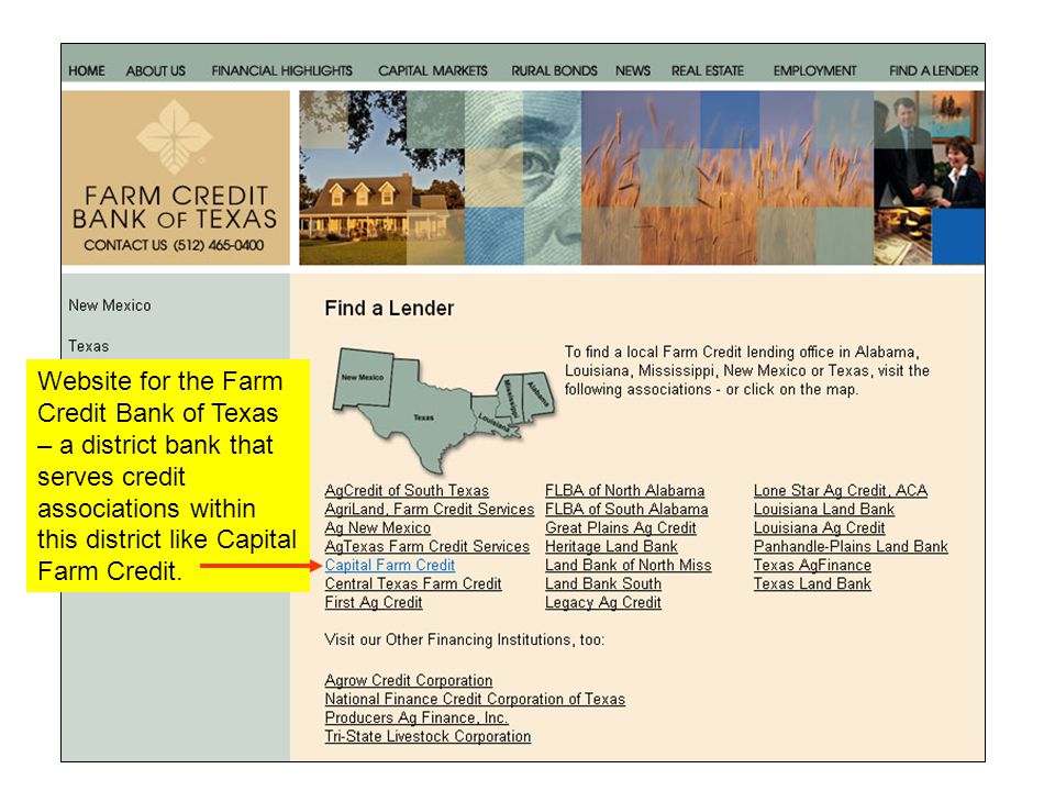 Website for the Farm Credit Bank of Texas – a district bank that serves credit associations within this district like Capital Farm Credit.