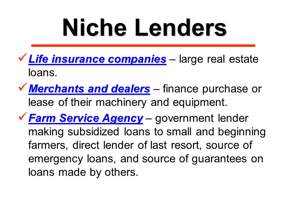 Niche Lenders Life insurance companies Life insurance companies – large real estate loans.