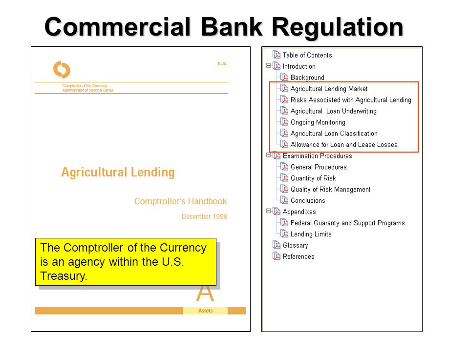 Commercial Bank Regulation The Comptroller of the Currency is an agency within the U.S. Treasury.
