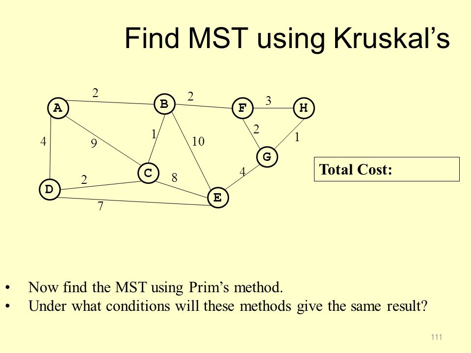 Find MST using Kruskal’s 111 A C B D FH G E Total Cost: Now find the MST using Prim’s method.