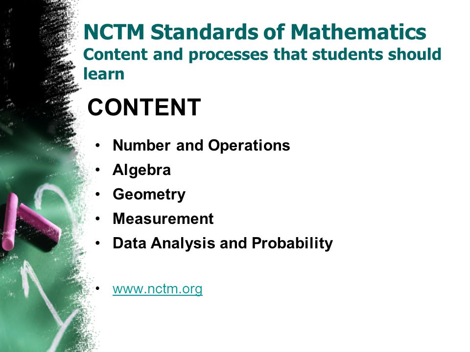 NCTM Standards of Mathematics Content and processes that students should learn Number and Operations Algebra Geometry Measurement Data Analysis and Probability   CONTENT
