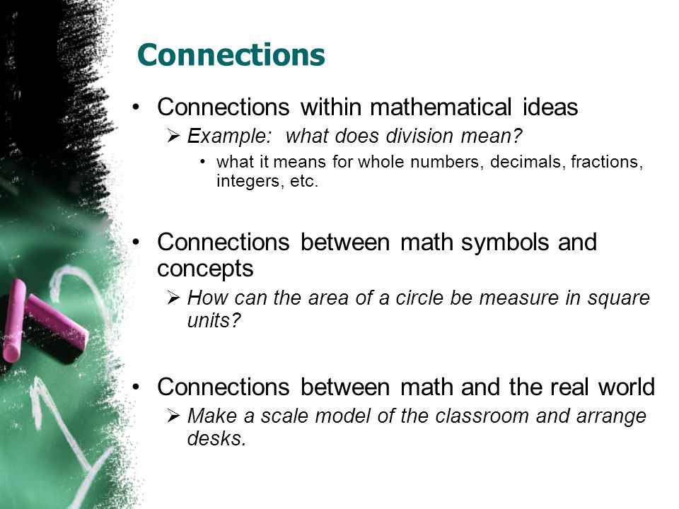 Connections Connections within mathematical ideas  Example: what does division mean.