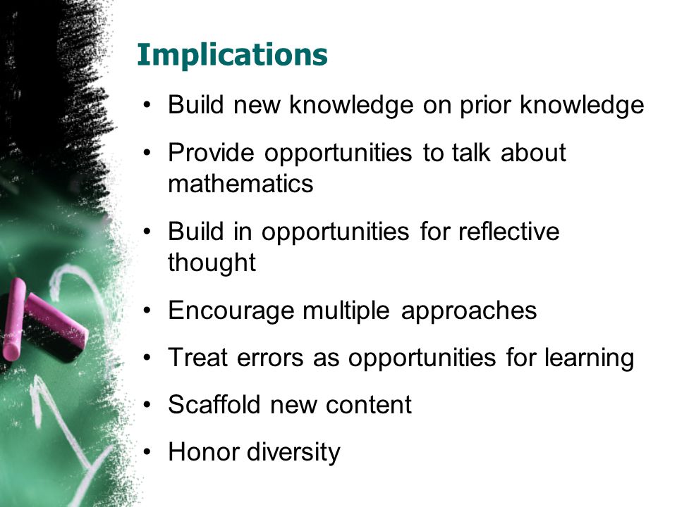 Implications Build new knowledge on prior knowledge Provide opportunities to talk about mathematics Build in opportunities for reflective thought Encourage multiple approaches Treat errors as opportunities for learning Scaffold new content Honor diversity