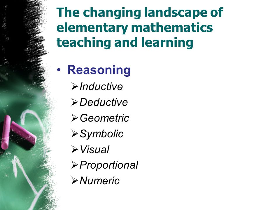 The changing landscape of elementary mathematics teaching and learning Reasoning  Inductive  Deductive  Geometric  Symbolic  Visual  Proportional  Numeric
