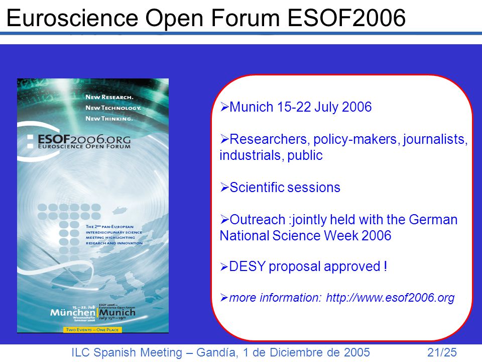 ILC Spanish Meeting – Gandía, 1 de Diciembre de /25 Euroscience Open Forum ESOF2006  Munich July 2006  Researchers, policy-makers, journalists, industrials, public  Scientific sessions  Outreach :jointly held with the German National Science Week 2006  DESY proposal approved .