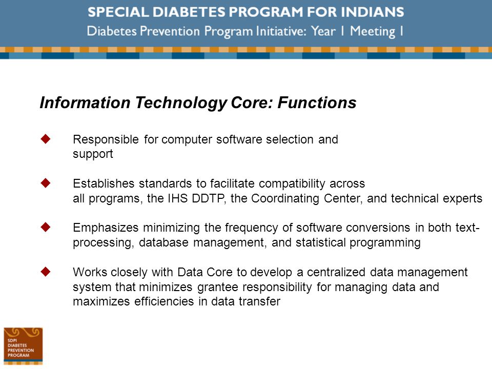 Information Technology Core: Functions  Responsible for computer software selection and support  Establishes standards to facilitate compatibility across all programs, the IHS DDTP, the Coordinating Center, and technical experts  Emphasizes minimizing the frequency of software conversions in both text- processing, database management, and statistical programming  Works closely with Data Core to develop a centralized data management system that minimizes grantee responsibility for managing data and maximizes efficiencies in data transfer