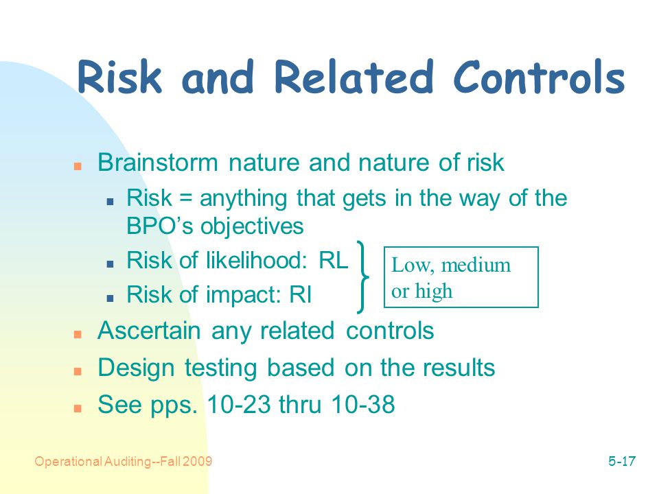 Operational Auditing--Fall Risk and Related Controls n Brainstorm nature and nature of risk n Risk = anything that gets in the way of the BPO’s objectives n Risk of likelihood: RL n Risk of impact: RI n Ascertain any related controls n Design testing based on the results n See pps.