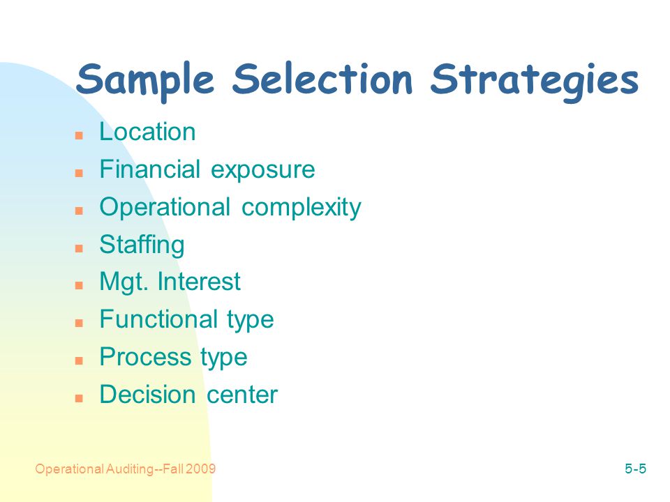 Operational Auditing--Fall Sample Selection Strategies n Location n Financial exposure n Operational complexity n Staffing n Mgt.