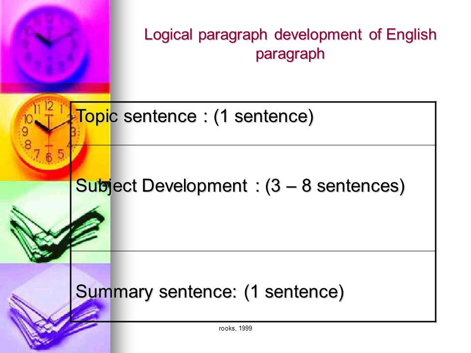 rooks, 1999 Logical paragraph development of English paragraph Topic sentence : (1 sentence) Subject Development : (3 – 8 sentences) Summary sentence: (1 sentence)