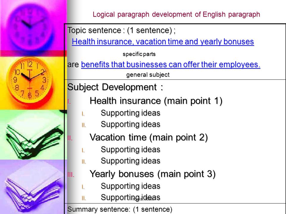 rooks, 1999 Logical paragraph development of English paragraph Topic sentence : (1 sentence) ; Health insurance, vacation time and yearly bonuses Health insurance, vacation time and yearly bonuses specific parts specific parts are benefits that businesses can offer their employees.