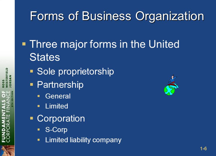 1-6 Forms of Business Organization  Three major forms in the United States  Sole proprietorship  Partnership  General  Limited  Corporation  S-Corp  Limited liability company