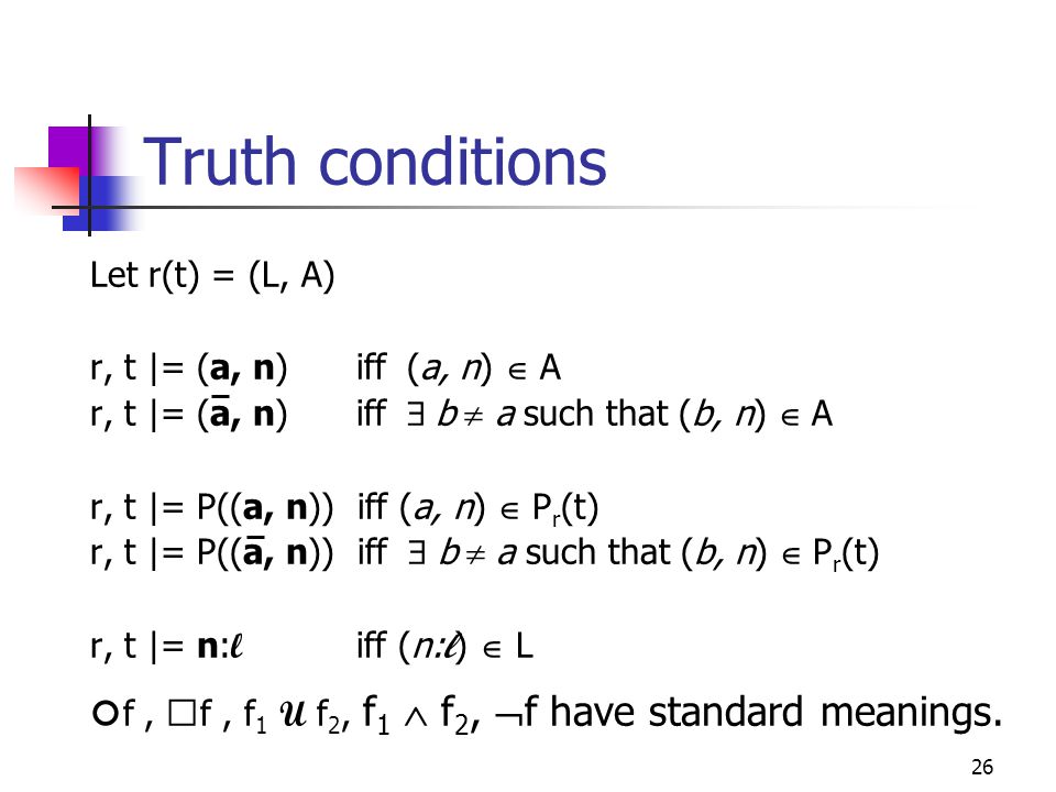 26 Truth conditions Let r(t) = (L, A) r, t |= (a, n) iff  (a, n)  A r, t |= (a, n) iff  b  a such that (b, n)  A r, t |= P((a, n)) iff (a, n)  P r (t) r, t |= P((a, n)) iff  b  a such that (b, n)  P r (t) r, t |= n: l iff (n: l )  L  f, f, f 1 U f 2, f 1  f 2,  f have standard meanings.