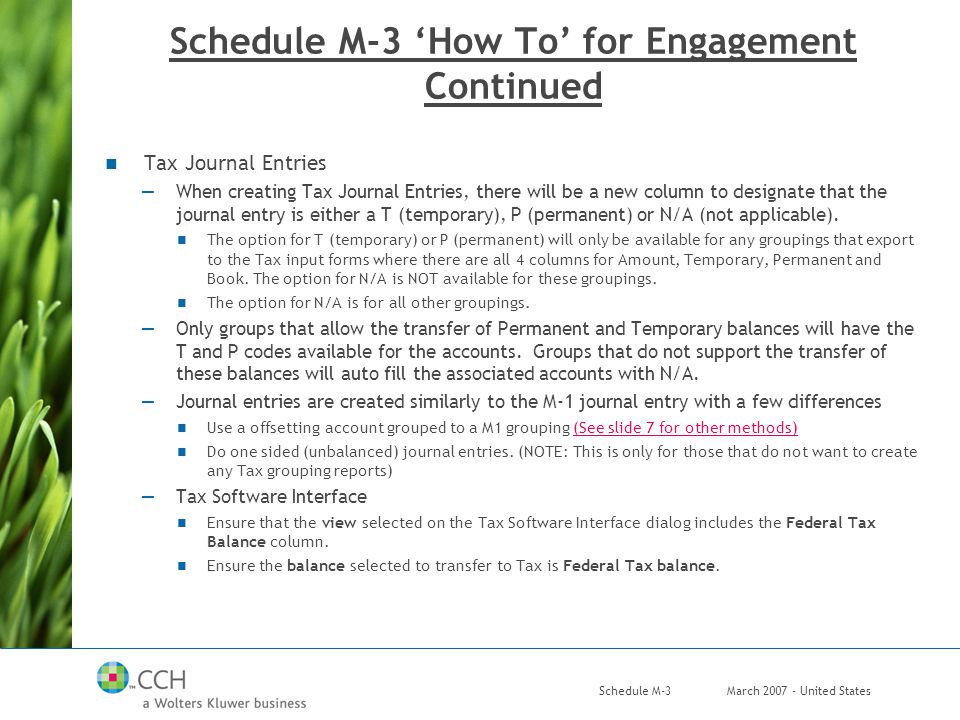 March United StatesSchedule M-3 Schedule M-3 ‘How To’ for Engagement Continued Tax Journal Entries —When creating Tax Journal Entries, there will be a new column to designate that the journal entry is either a T (temporary), P (permanent) or N/A (not applicable).