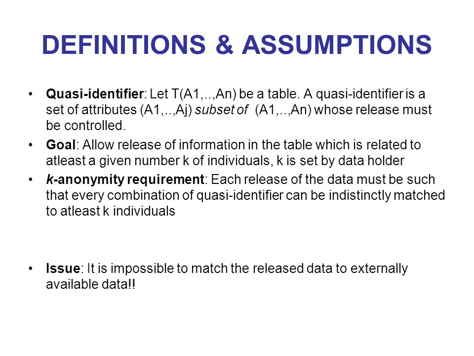 DEFINITIONS & ASSUMPTIONS Quasi-identifier: Let T(A1,..,An) be a table.