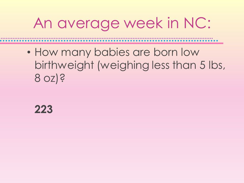 An average week in NC: How many babies are born low birthweight (weighing less than 5 lbs, 8 oz).