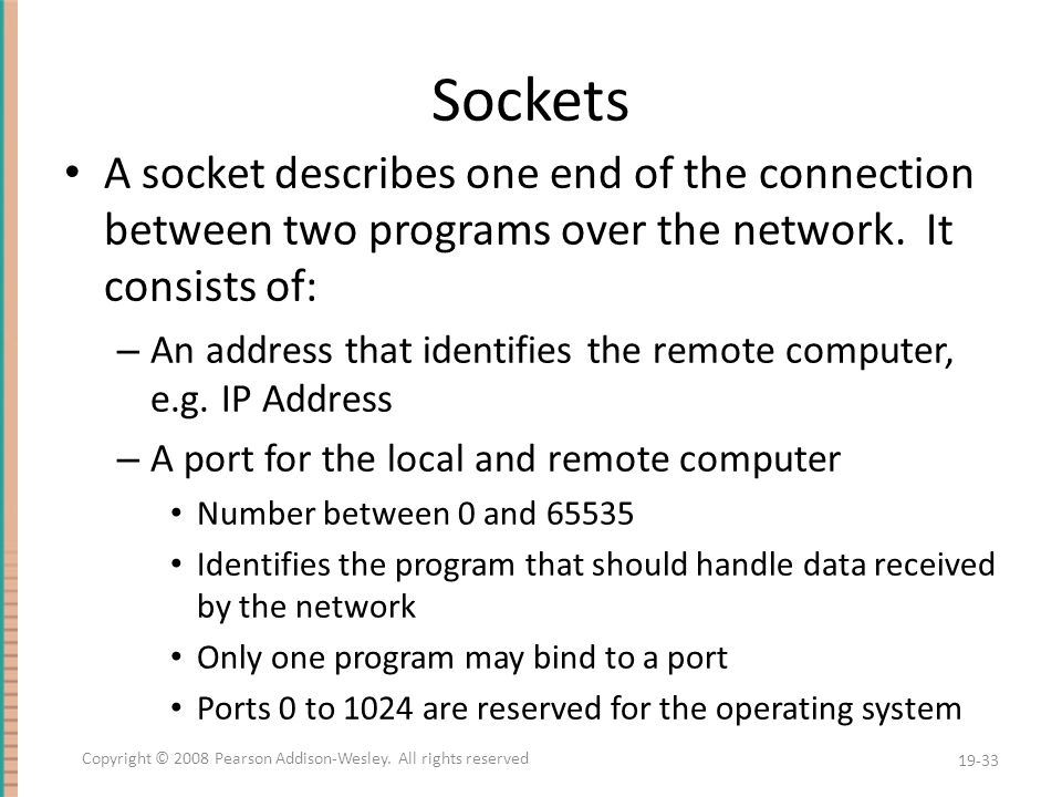 Sockets A socket describes one end of the connection between two programs over the network.