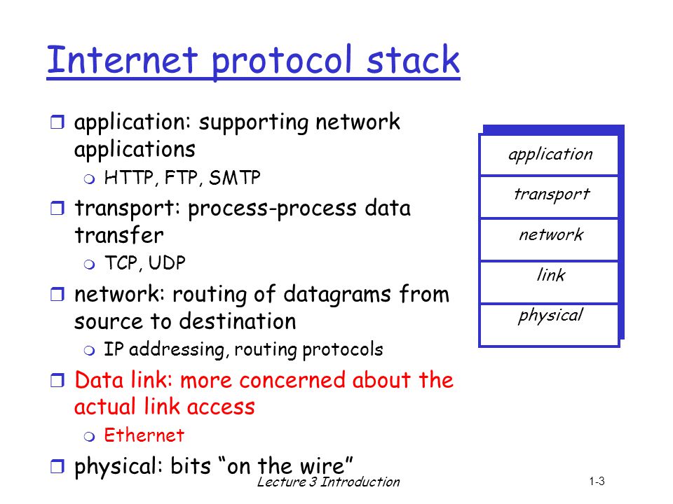 r application: supporting network applications m HTTP, FTP, SMTP r transport: process-process data transfer m TCP, UDP r network: routing of datagrams from source to destination m IP addressing, routing protocols r Data link: more concerned about the actual link access m Ethernet r physical: bits on the wire 1-3 Internet protocol stack Lecture 3 Introduction application transport network link physical