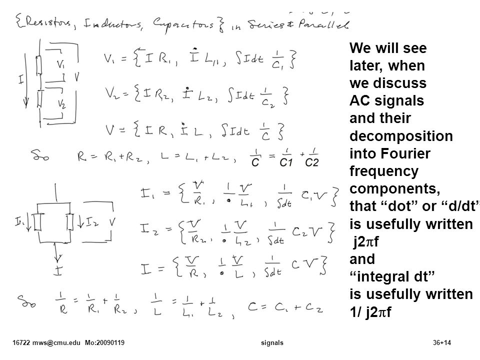 16722 Mo: signals36+14 We will see later, when we discuss AC signals and their decomposition into Fourier frequency components, that dot or d/dt is usefully written j2  f and integral dt is usefully written 1/ j2  f