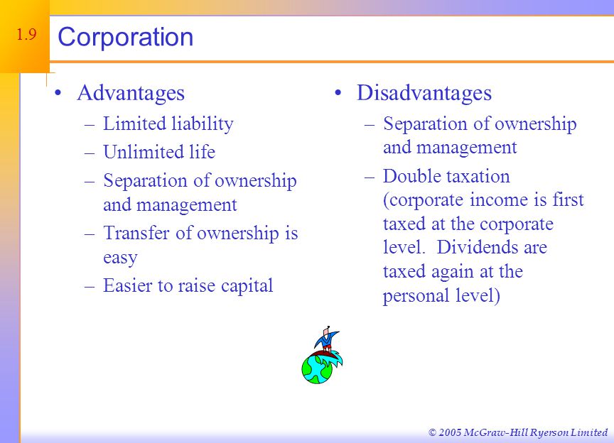 © 2005 McGraw-Hill Ryerson Limited Corporation Advantages –Limited liability –Unlimited life –Separation of ownership and management –Transfer of ownership is easy –Easier to raise capital Disadvantages –Separation of ownership and management –Double taxation (corporate income is first taxed at the corporate level.