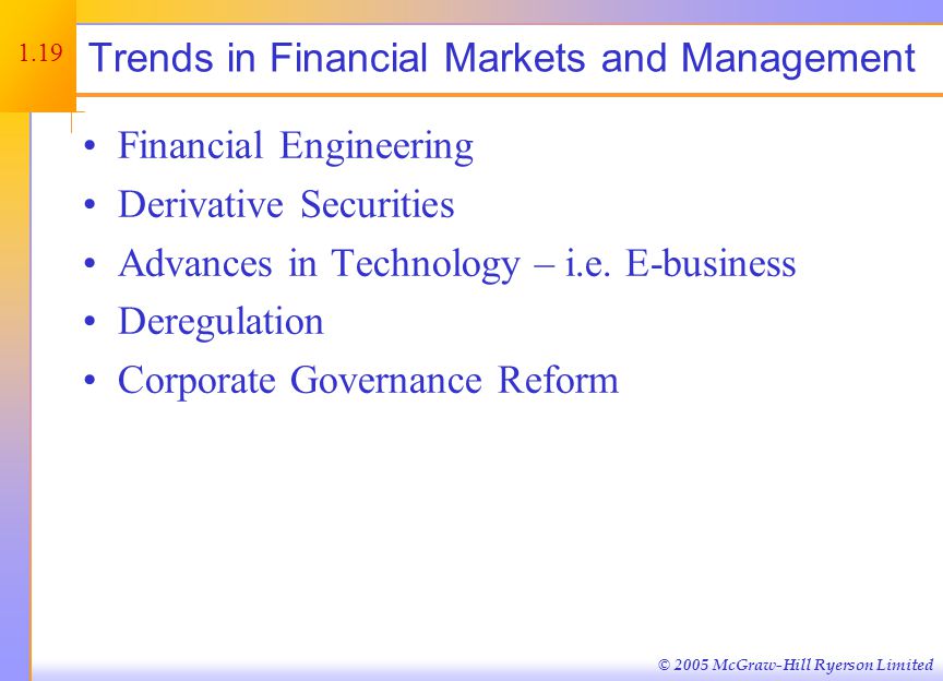 © 2005 McGraw-Hill Ryerson Limited Trends in Financial Markets and Management Financial Engineering Derivative Securities Advances in Technology – i.e.