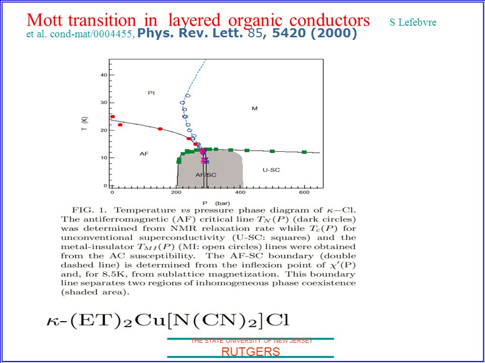 THE STATE UNIVERSITY OF NEW JERSEY RUTGERS Mott transition in layered organic conductors S Lefebvre et al.