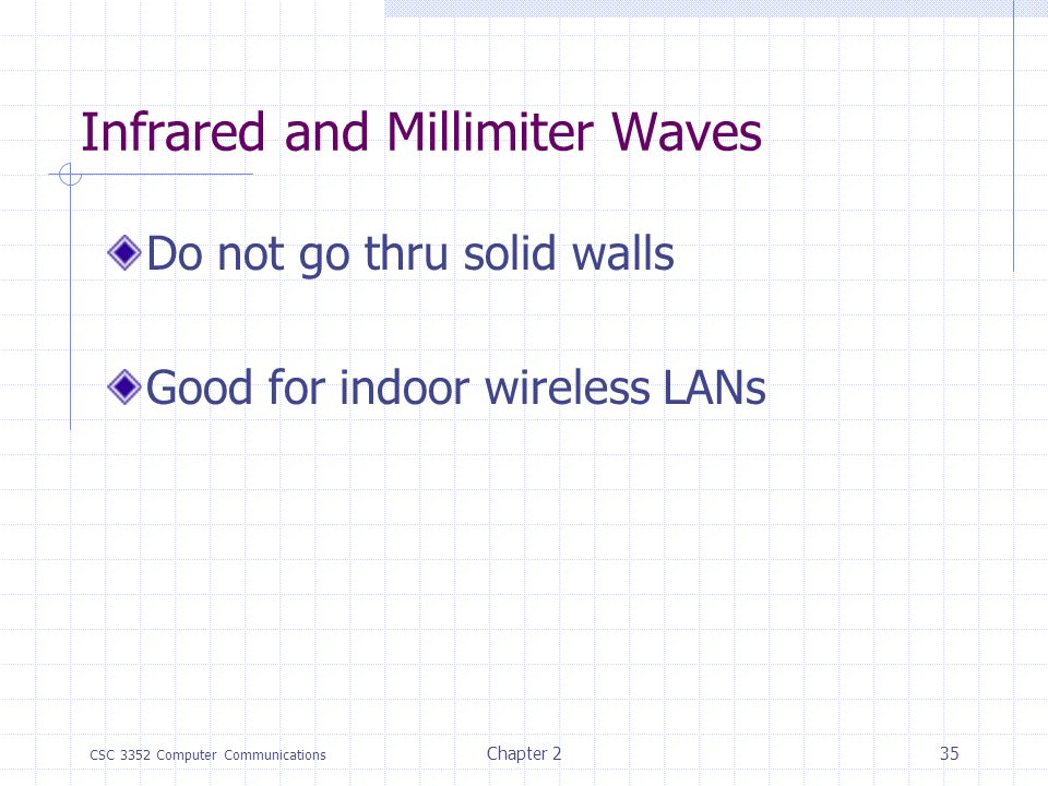 CSC 3352 Computer Communications Chapter 234 Microwave Transmission Travel long distance, (Does not penetrate buildings) Not Omnidirectional.