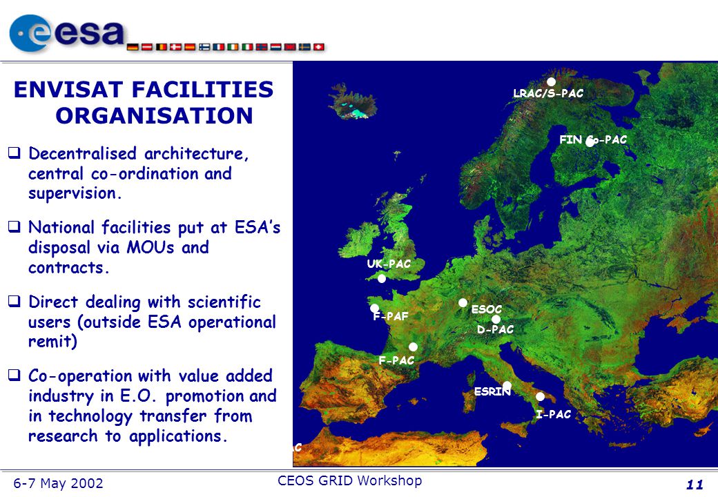 6-7 May 2002 CEOS GRID Workshop 11 ENVISAT FACILITIES ORGANISATION qDecentralised architecture, central co-ordination and supervision.