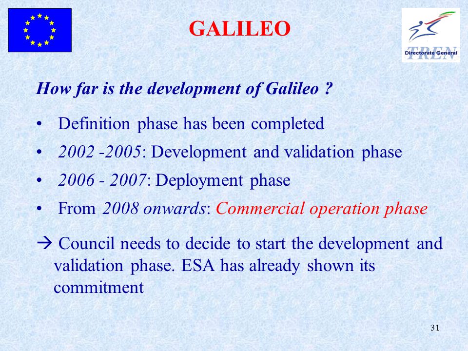 31 GALILEO How far is the development of Galileo .