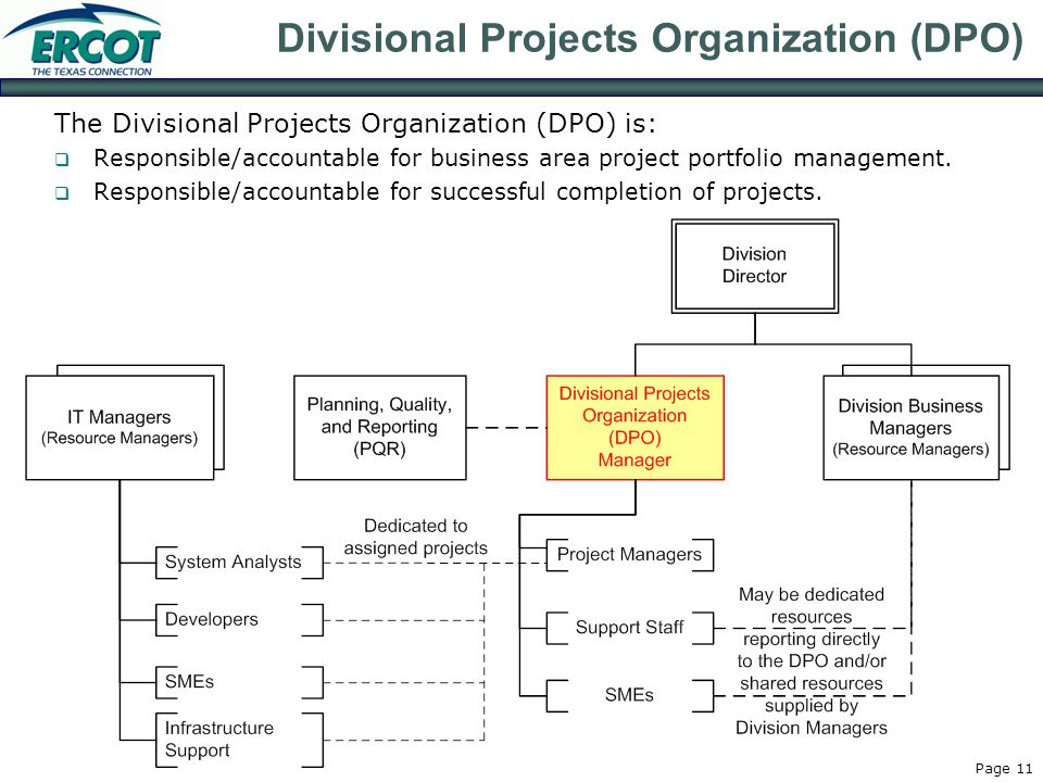 Page 11 Divisional Projects Organization (DPO) The Divisional Projects Organization (DPO) is:  Responsible/accountable for business area project portfolio management.