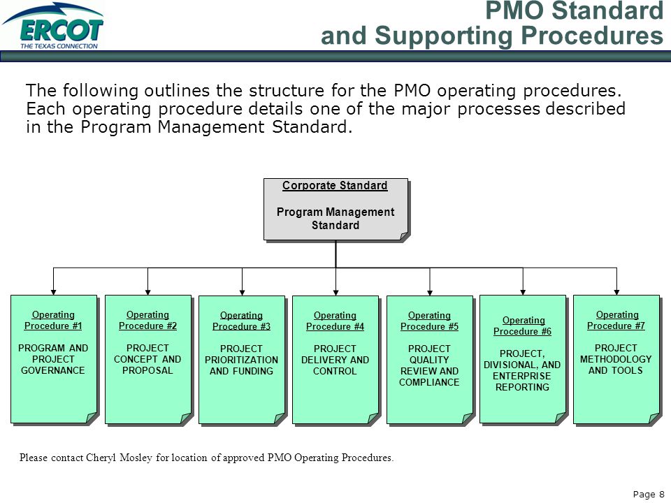 Page 8 PMO Standard and Supporting Procedures The following outlines the structure for the PMO operating procedures.
