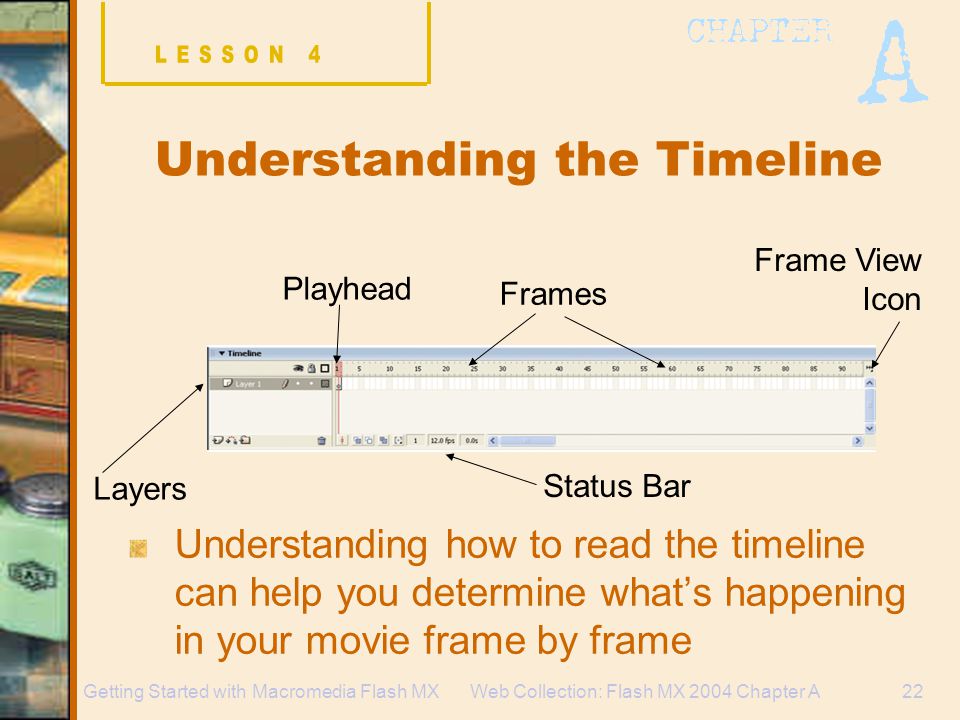 Web Collection: Flash MX 2004 Chapter A22Getting Started with Macromedia Flash MX Understanding the Timeline Playhead Frames Frame View Icon Status Bar Layers Understanding how to read the timeline can help you determine what’s happening in your movie frame by frame