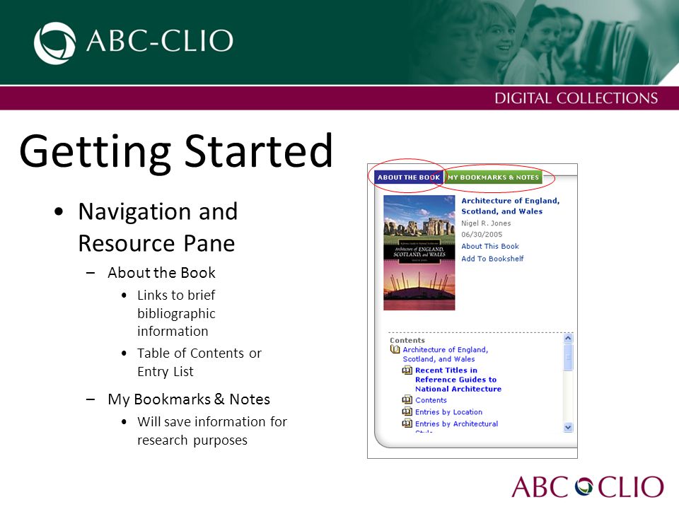 Getting Started Navigation and Resource Pane –About the Book Links to brief bibliographic information Table of Contents or Entry List –My Bookmarks & Notes Will save information for research purposes