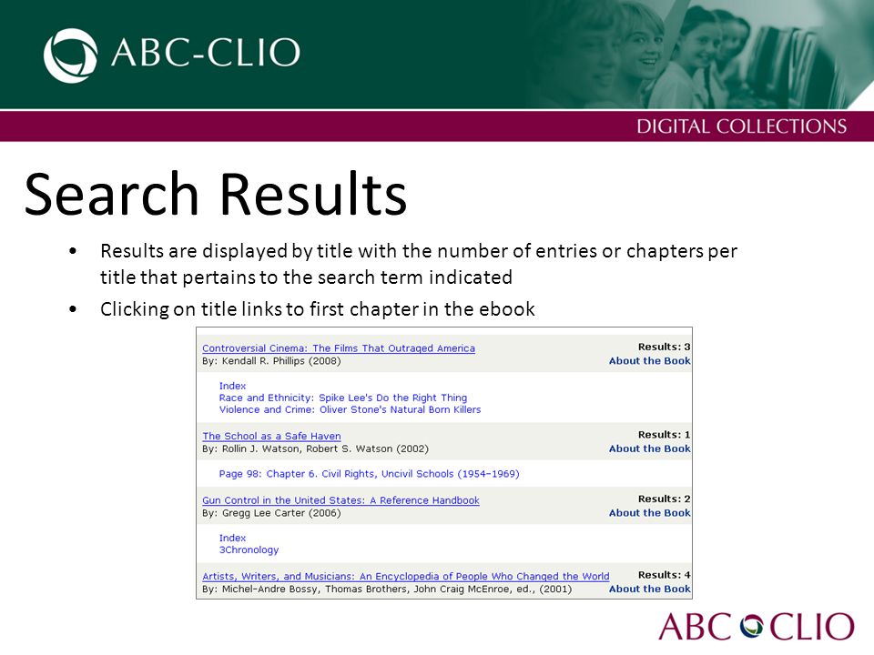Search Results Clicking on title links to first chapter in the ebook Results are displayed by title with the number of entries or chapters per title that pertains to the search term indicated