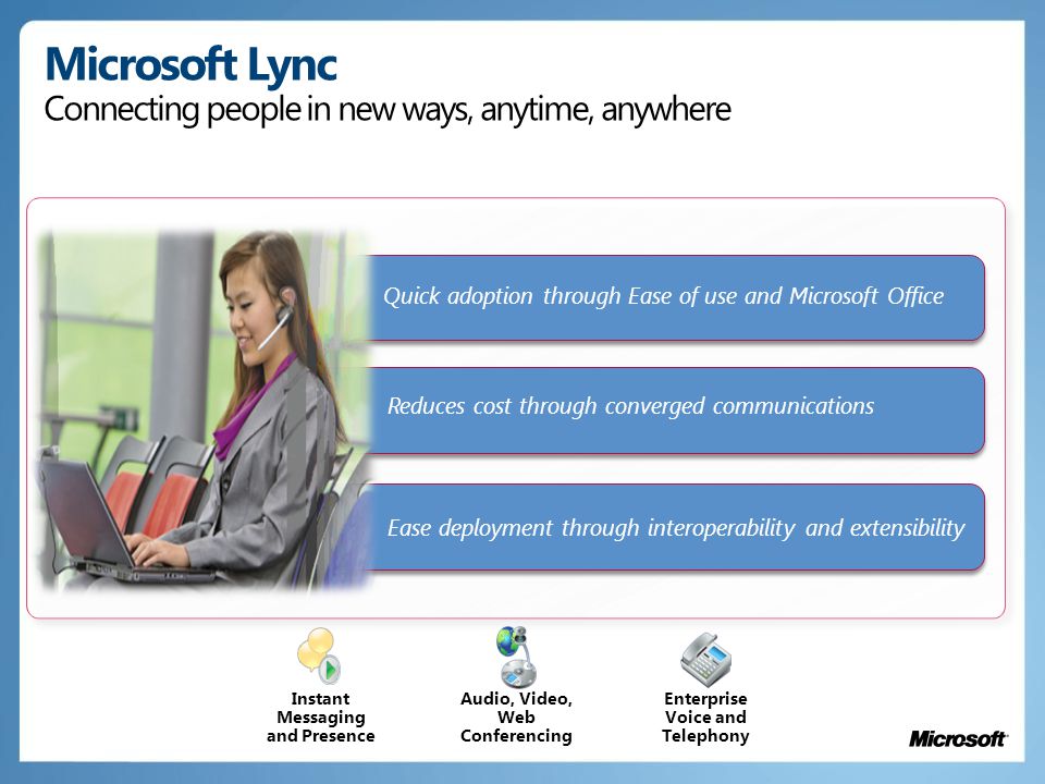 Microsoft Lync Connecting people in new ways, anytime, anywhere Ease deployment through interoperability and extensibility Instant Messaging and Presence Audio, Video, Web Conferencing Enterprise Voice and Telephony Reduces cost through converged communications Quick adoption through Ease of use and Microsoft Office