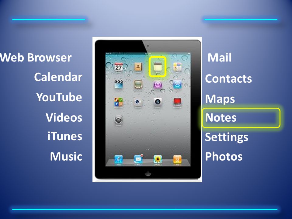 YouTube Web Browser Calendar Mail Contacts Maps Notes Settings Photos iTunes Music Videos