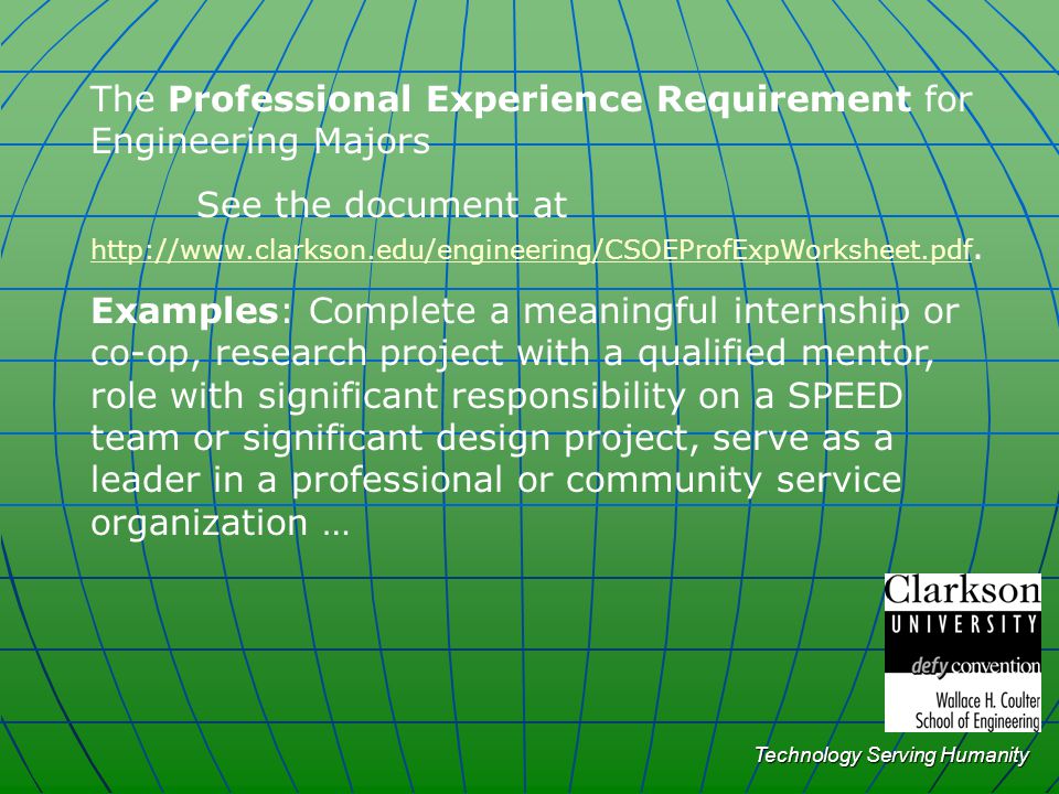 The Professional Experience Requirement for Engineering Majors See the document at