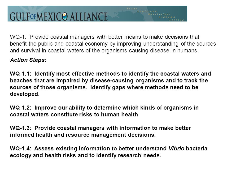 WQ-1: Provide coastal managers with better means to make decisions that benefit the public and coastal economy by improving understanding of the sources and survival in coastal waters of the organisms causing disease in humans.