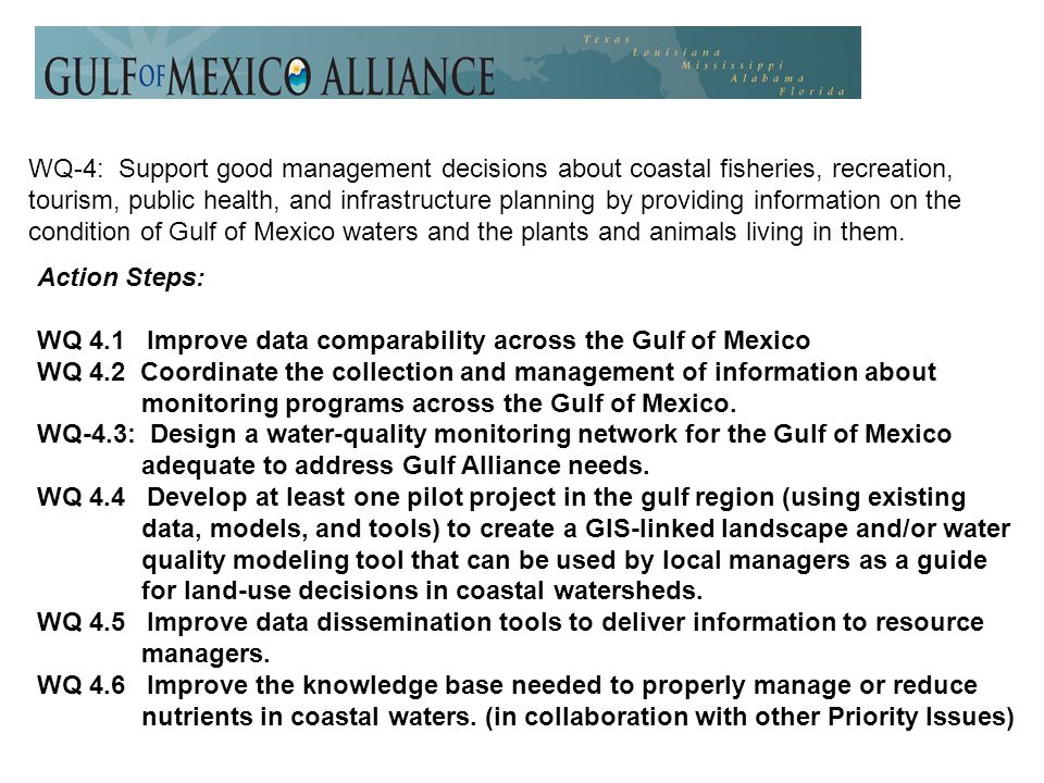 WQ-4: Support good management decisions about coastal fisheries, recreation, tourism, public health, and infrastructure planning by providing information on the condition of Gulf of Mexico waters and the plants and animals living in them.