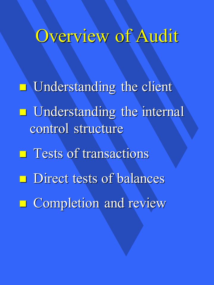 Overview of Audit n Understanding the client n Understanding the internal control structure n Tests of transactions n Direct tests of balances n Completion and review