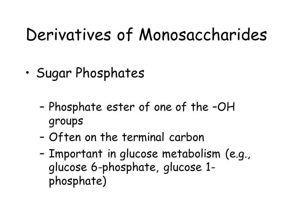 Derivatives of Monosaccharides Sugar Phosphates –Phosphate ester of one of the –OH groups –Often on the terminal carbon –Important in glucose metabolism (e.g., glucose 6-phosphate, glucose 1- phosphate)