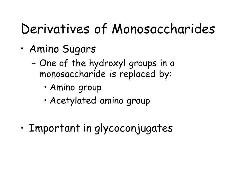 Derivatives of Monosaccharides Amino Sugars –One of the hydroxyl groups in a monosaccharide is replaced by: Amino group Acetylated amino group Important in glycoconjugates